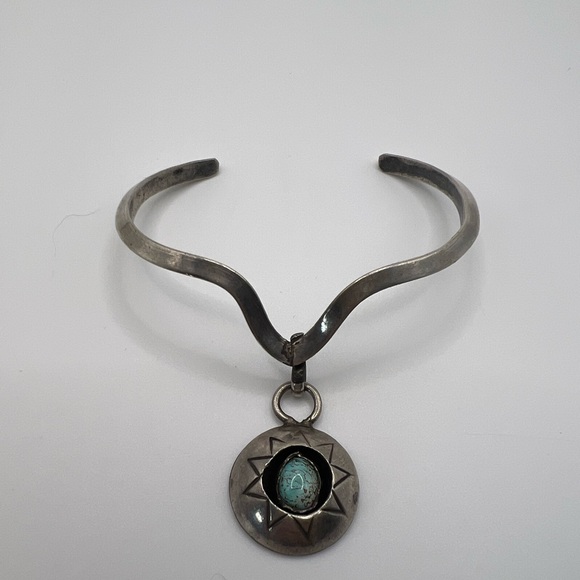 Turquoise Shadowbox Pendant on a Sandcast Sterling Silver 925 Cuff Bracelet - Picture 2 of 5